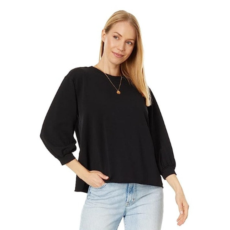 MODODOC Women's French Terry Crew Neck Top Large Black Puffed Long Sleeve NWT