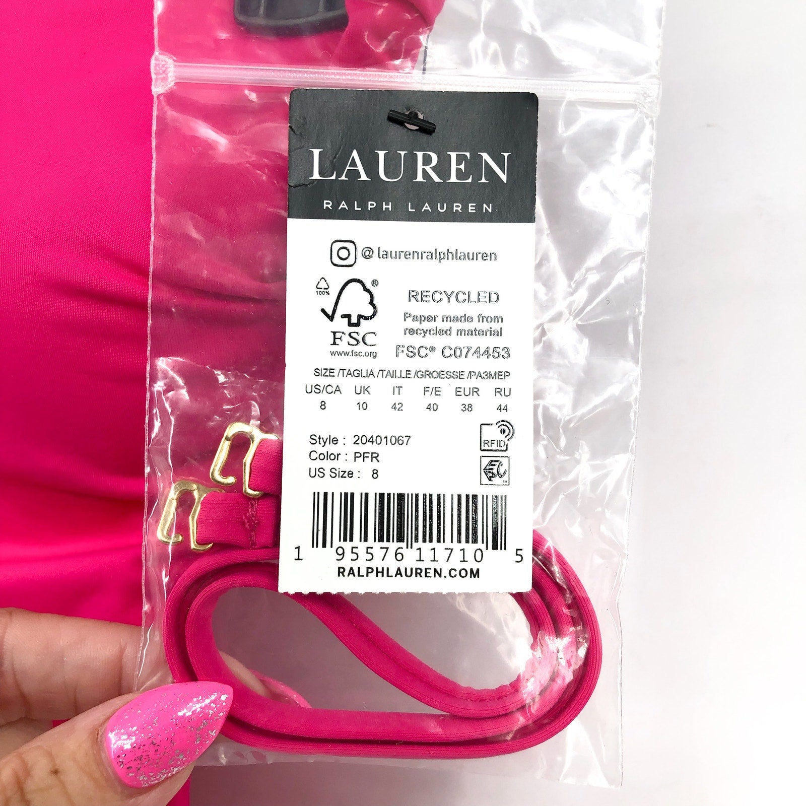 LAUREN RALPH LAUREN Bandeau One Piece Swimsuit Size 8 Pink Beach Club Ruched NWT