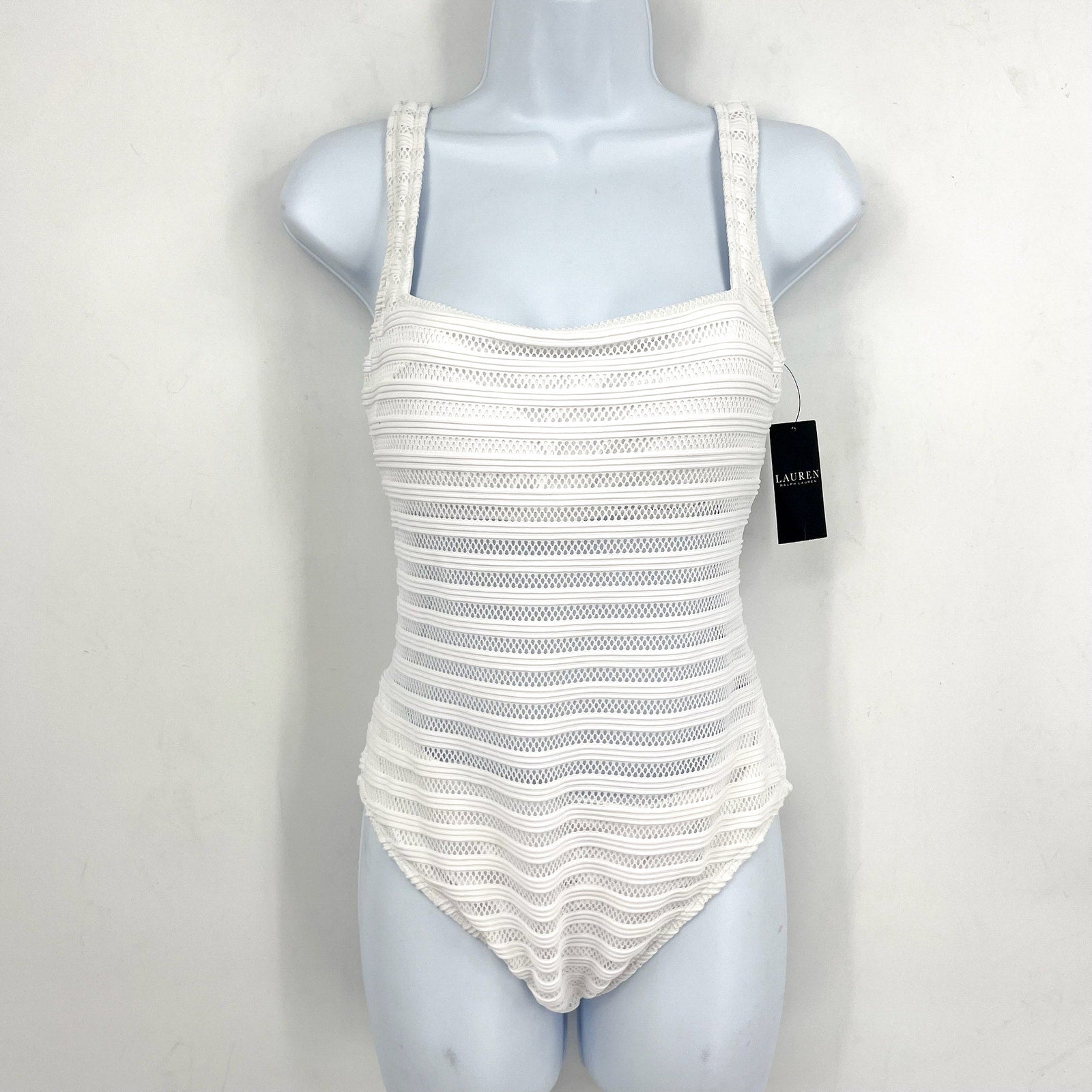 LAUREN RALPH LAUREN Ottoman One Piece Swimsuit Size 6 White Mesh Stripe NWT