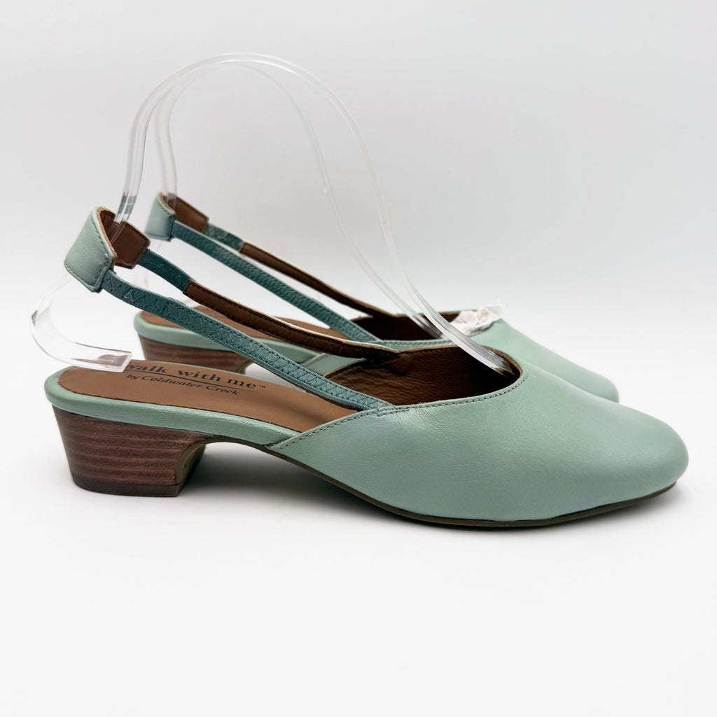 Coldwater Creek Womens Josie 2 Slingback Heels Size 8 WIDE Sea Green Leather NIB
