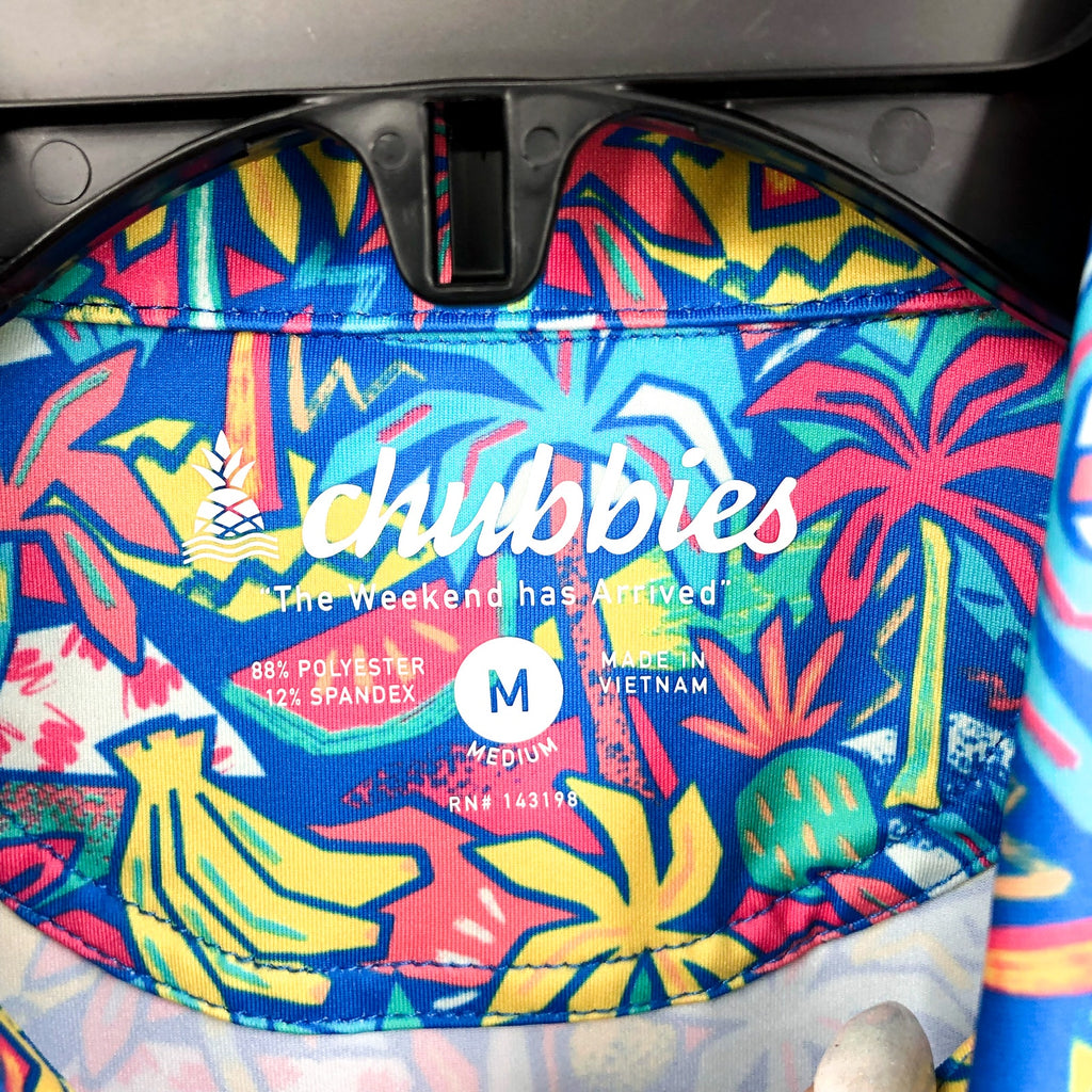 CHUBBIES MENS Performance Polo Medium Blue Multi Tropical Bunch Short Sleeve NWT
