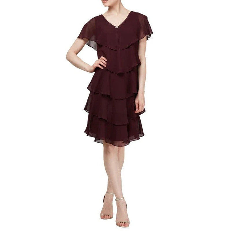 SLNY Tiered V Neck Capelet Dress Size 10 Dark Purple Fig Chiffon NWT