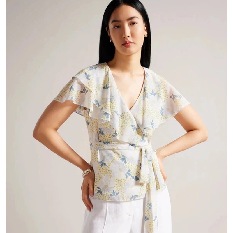 TED BAKER Women's Gemmiaa Wrap Top TED 3 US Large Sky Blue Floral Ruffle NWT