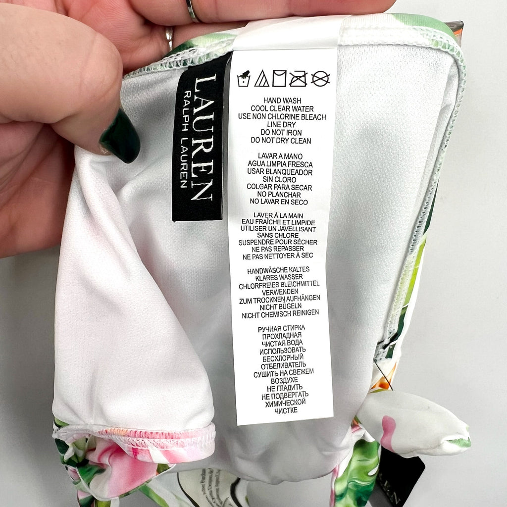 LAUREN RALPH LAUREN Hipster Bikini Bottom Size 10 White Pink Floral Side-Tie NWT