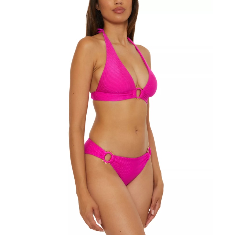 BECCA Women's Monte Carlo Gracie Hipster Bikini Bottom Large Azalea Pink Rib NWT