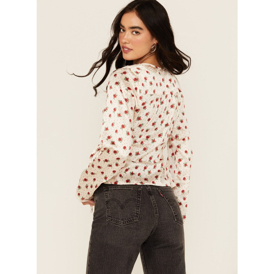 FREE PEOPLE Women's Field of Roses Top Medium Cream Red Long Sleeve NWOT