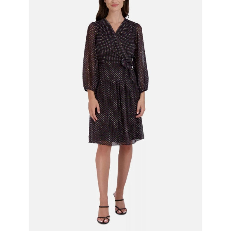 SIGNATURE BY ROBBIE BEE Faux Wrap Dress 10 Black Multi Polka Dot 3/4 Sleeve NWT