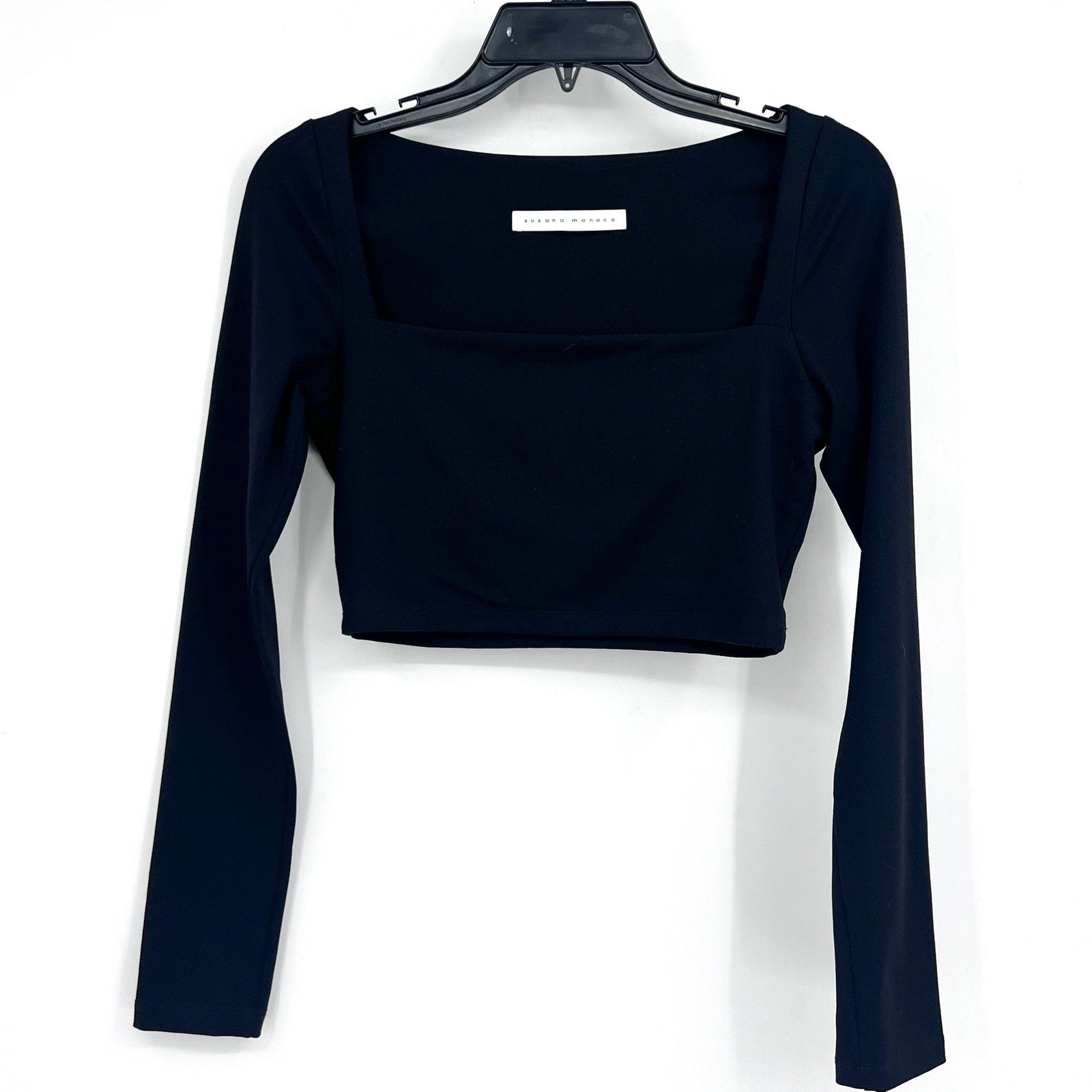 SUSAN MONACO Women's Crop Top Small Black Micro Square Neck Long Sleeve NWOT
