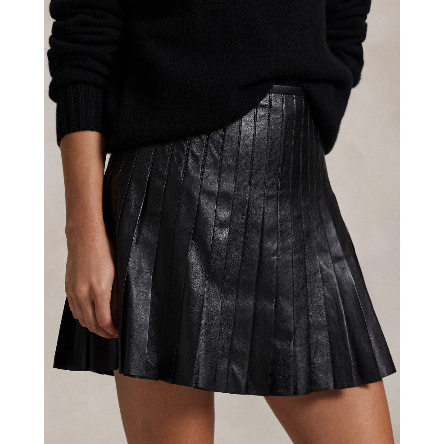 LAUREN RALPH LAUREN Knife-Pleated Lambskin Miniskirt Size 10 Black Leather NWOT