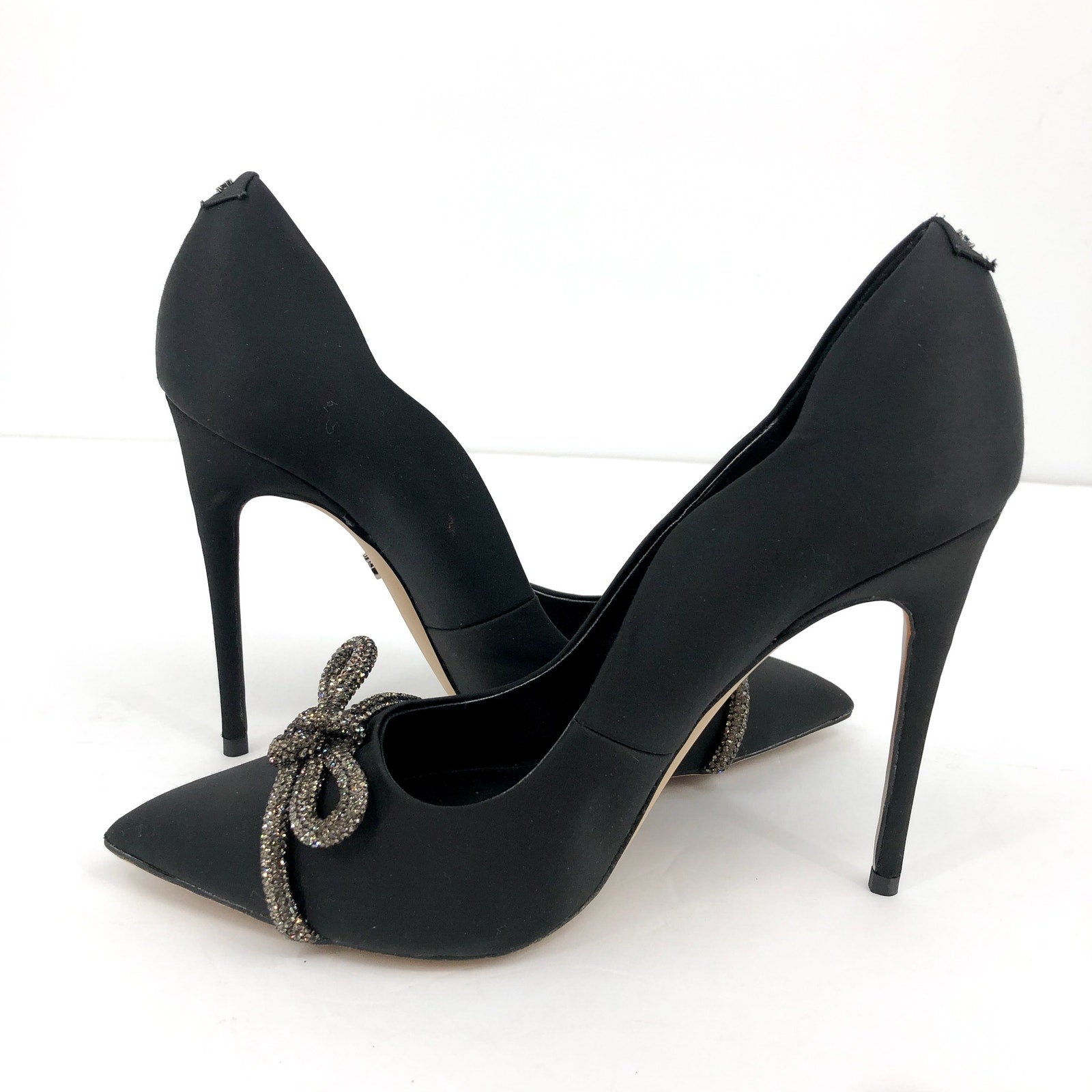 SAM EDELMAN Women's Deela Rhinestone Bow Pumps 9M Black Satin Pointed Toe
