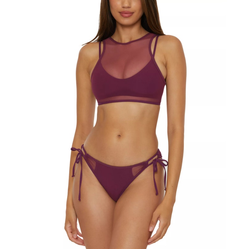 BECCA Women's Muse Mesh-Inset Side-Tie Bikini Bottoms XS Purple Aubergine NWT