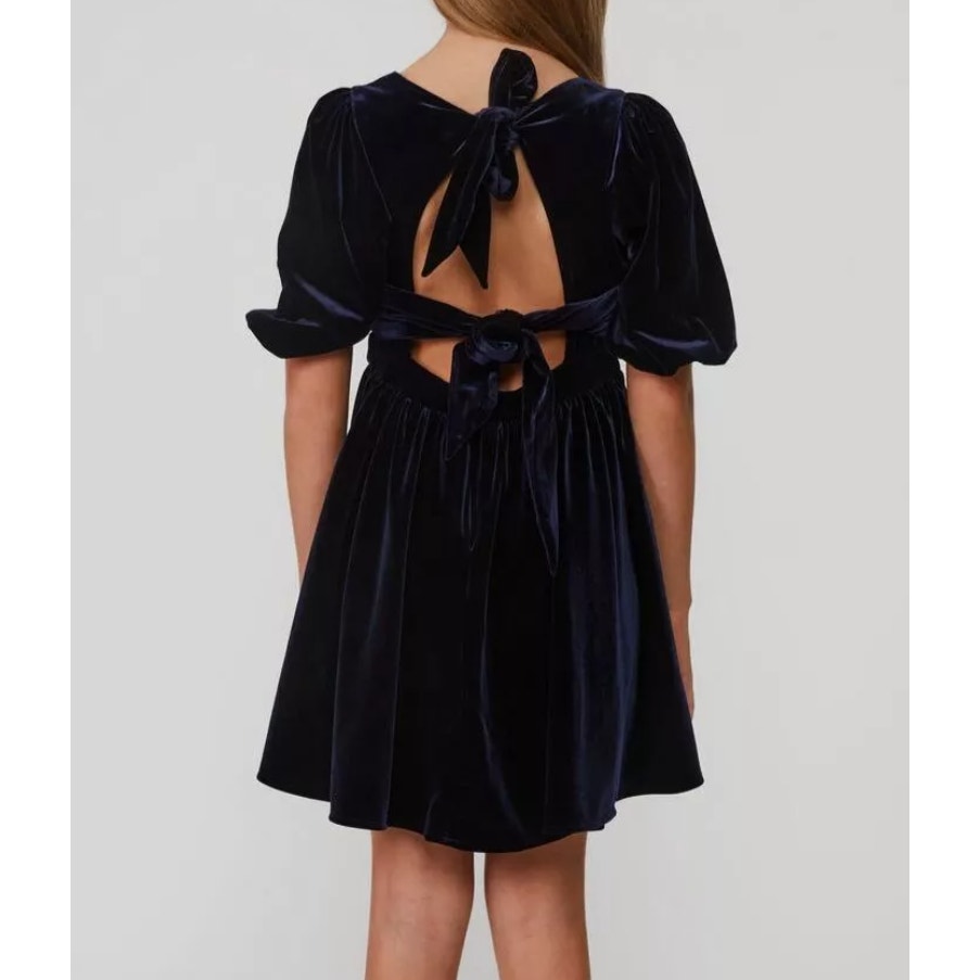BARDOT Girl's Wynter Velour Dress Size 16 Navy Blue Short Puff Sleeve NWT