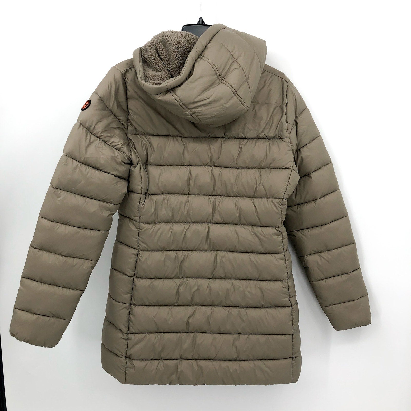 SAVE THE DUCK Joanne Hooded Longline Puffer Jacket Large US 12 Grey Taupe NWT
