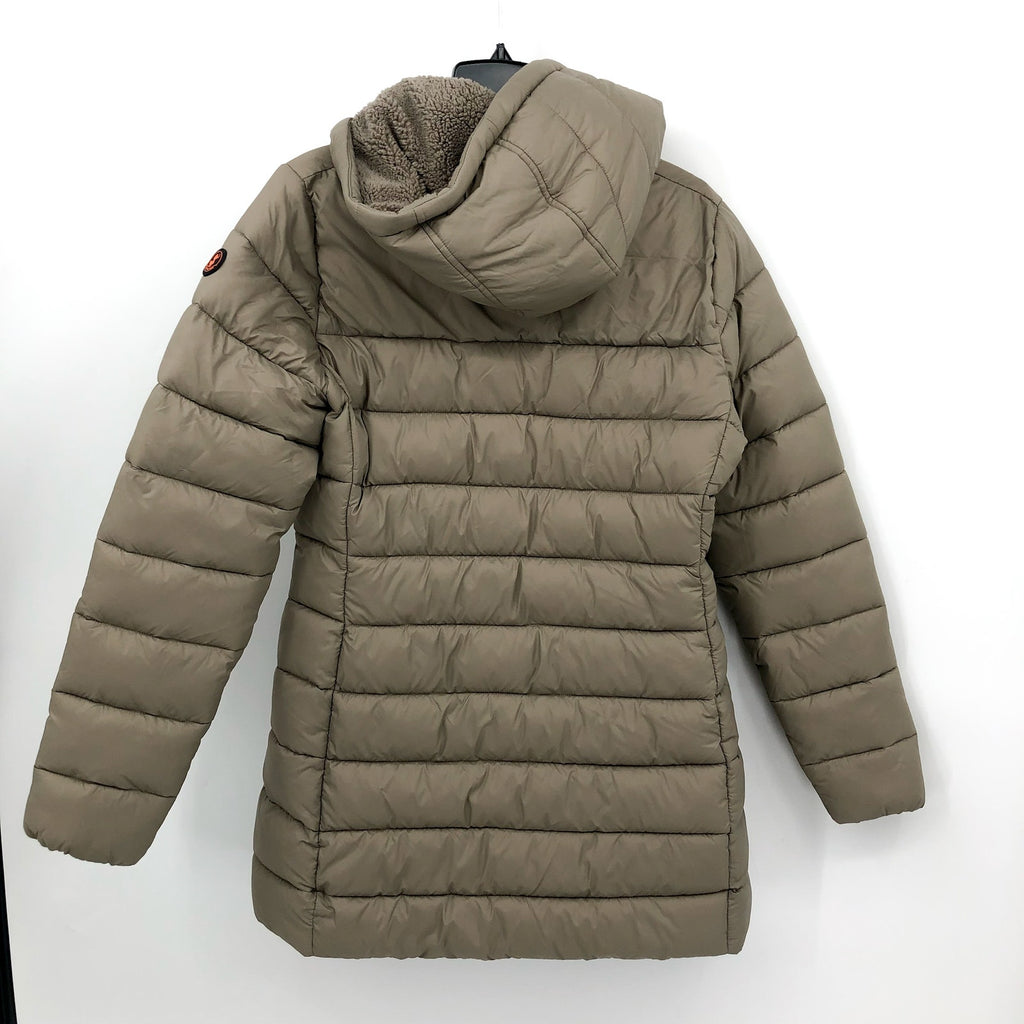 SAVE THE DUCK Joanne Hooded Longline Puffer Jacket Large Size 12 Grey Taupe NWT