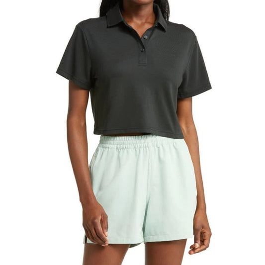 OUTDOOR VOICES Womens Birdie Cropped Polo Shirt Black XXL Short Sleeve