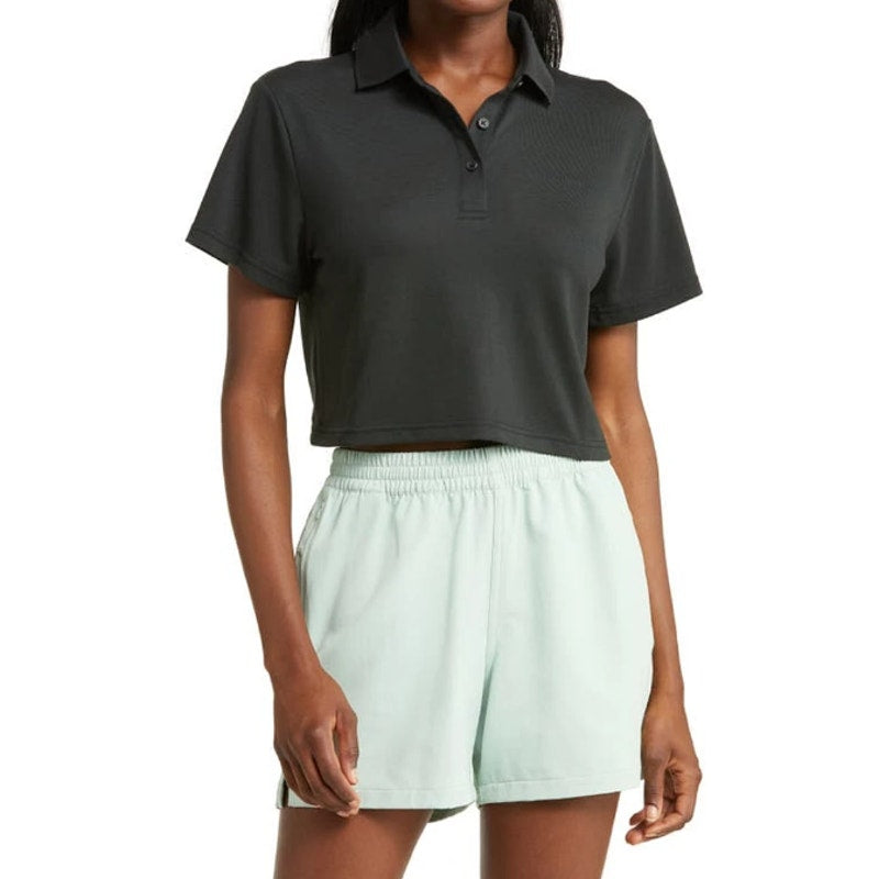 OUTDOOR VOICES Womens Birdie Cropped Polo Shirt Black XXL Short Sleeve