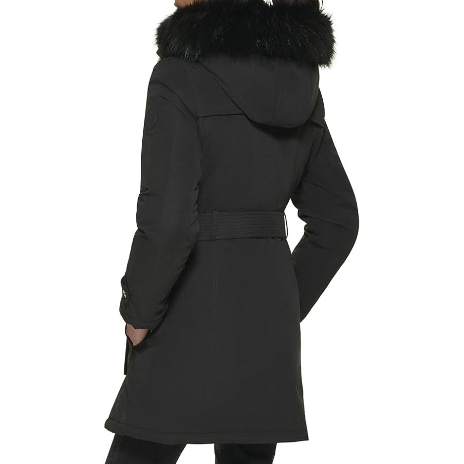 DKNY Women's Faux Fur Hood Anorak Winter Coat XS Black Belted NWT