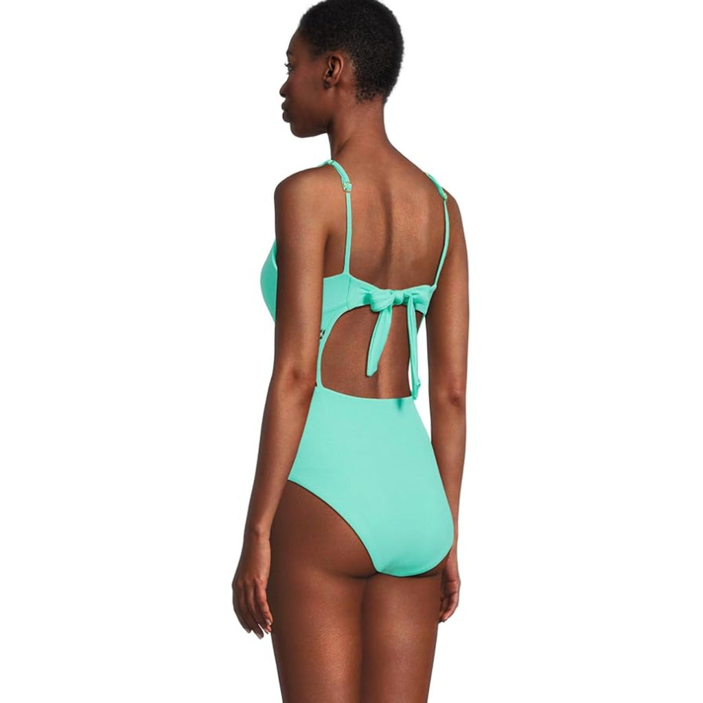 BECCA Modern Edge Toni One-Piece Swimsuit Medium Aqua Sea Green Rib Plunge NWT