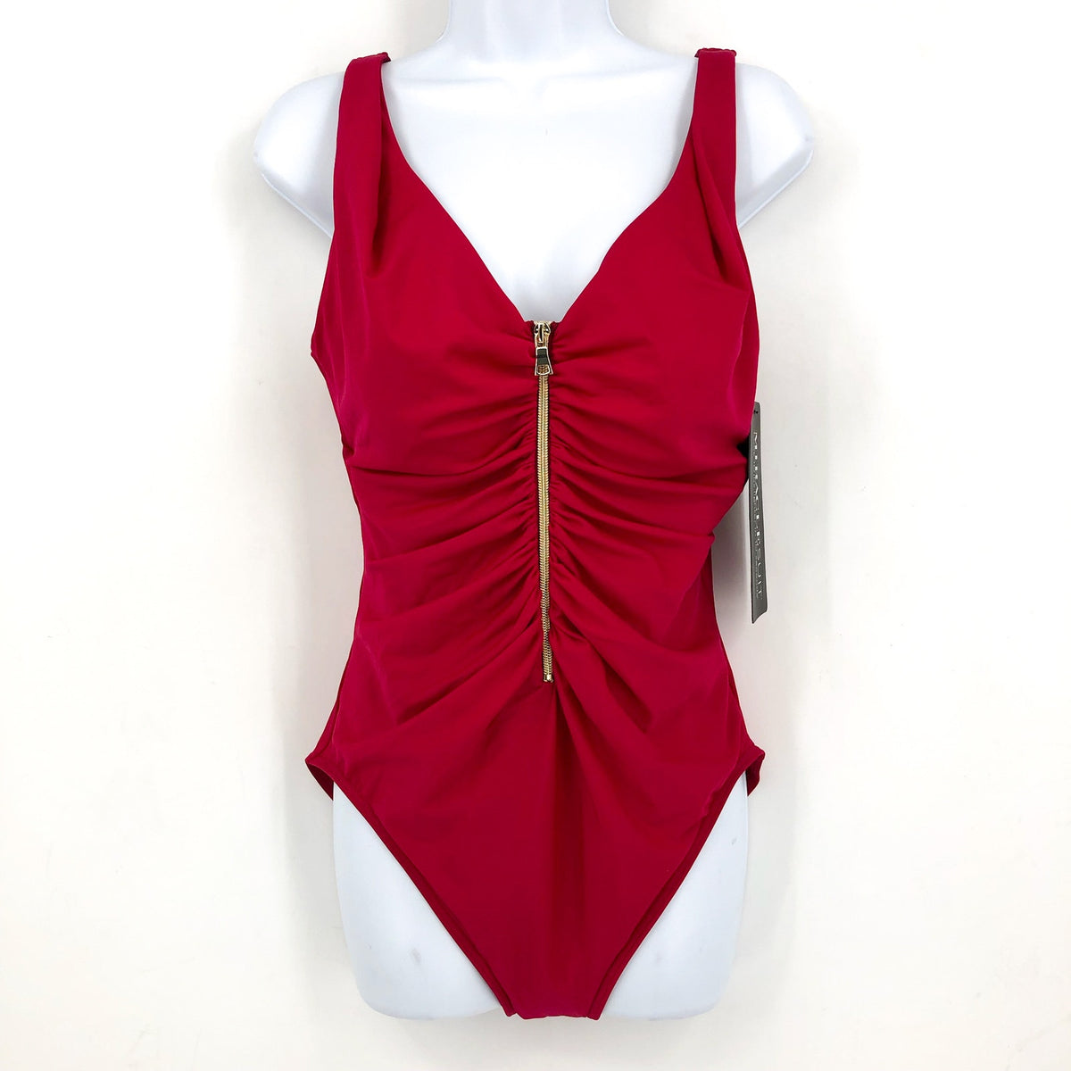 MIRACLESUIT Women's Razzle Dazzle Zipt One-Piece Swimsuit Size 16 Red Ruched NWT