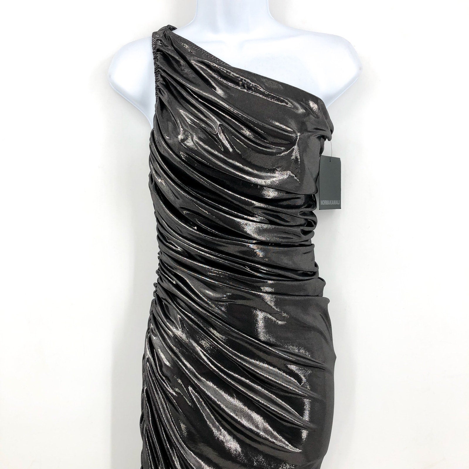 NORMA KAMALI Diana One Shoulder Gown XS Grey Metallic Ruched Midi NWT