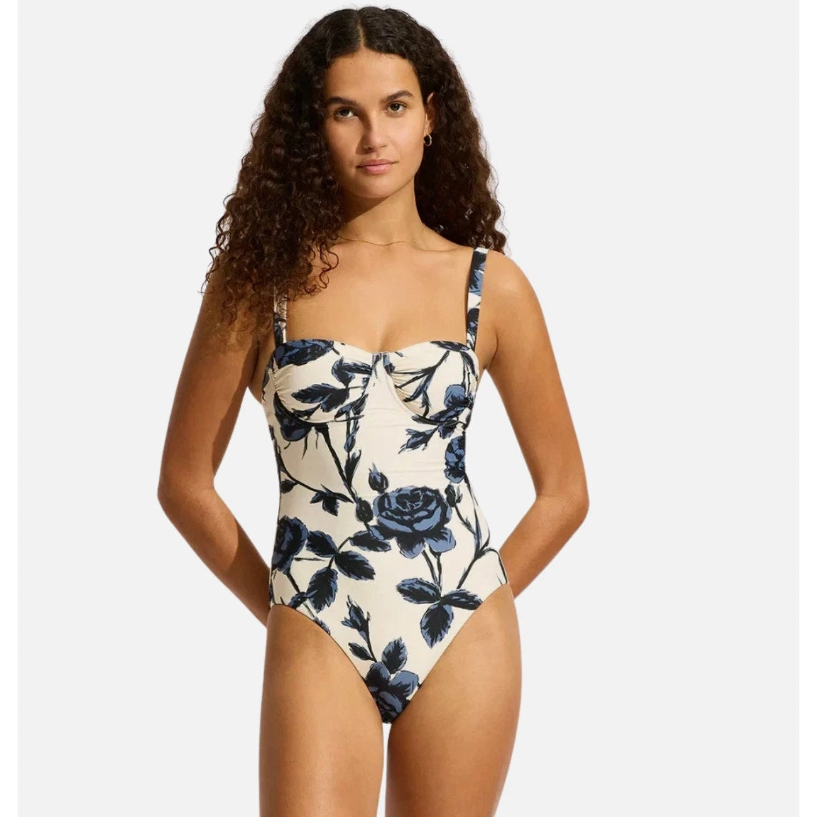 SEAFOLLY Rococo One Piece Swimsuits Size 4 Black Cream Floral Underwire NWT