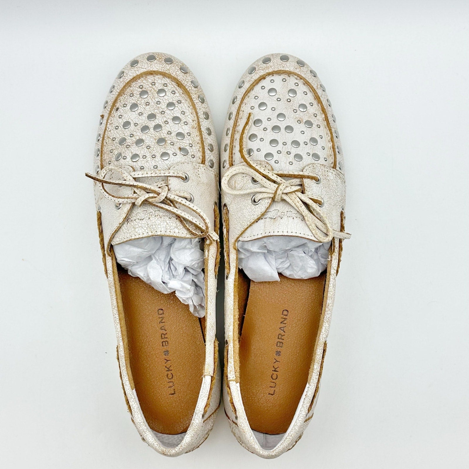 Lucky Brand Womens Timini Studded Loafers Size 9 Distressed White Leather NIB