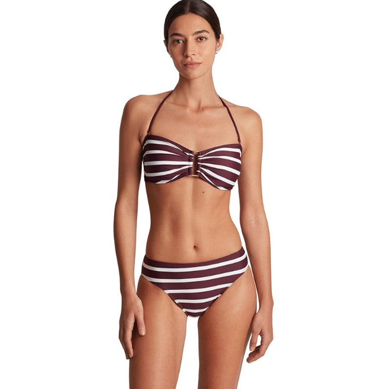 LAUREN RALPH LAUREN Largo Stripe Ring Bandeau Bikini Top Size 14 Red Claret NWT
