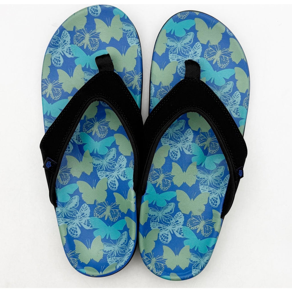 Spenco Women's Yumi Butterfly Sandals Size 8 WIDE Blue Black Flip Flop NWT