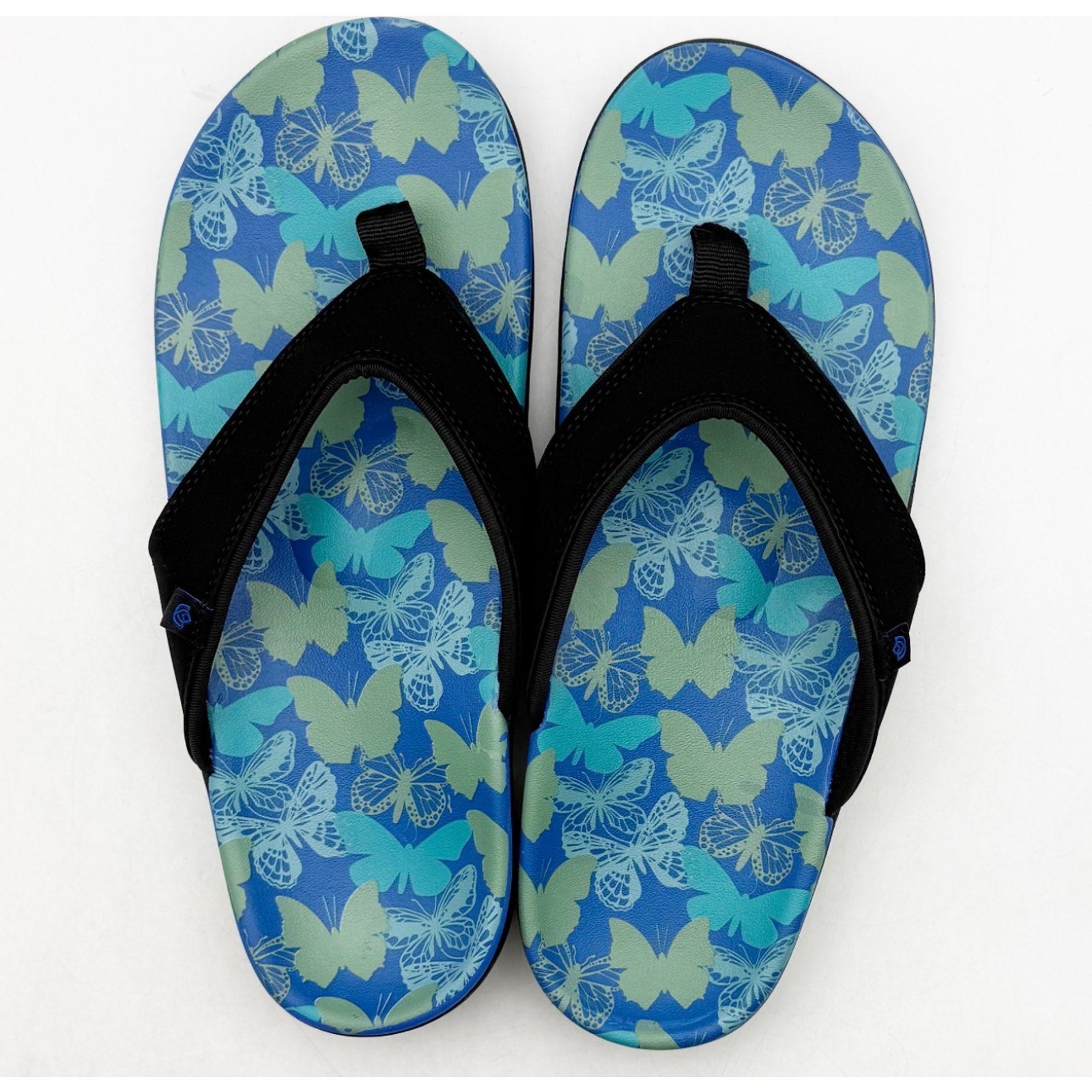 Spenco Women's Yumi Butterfly Sandals Size 8 WIDE Blue Black Flip Flop NWT