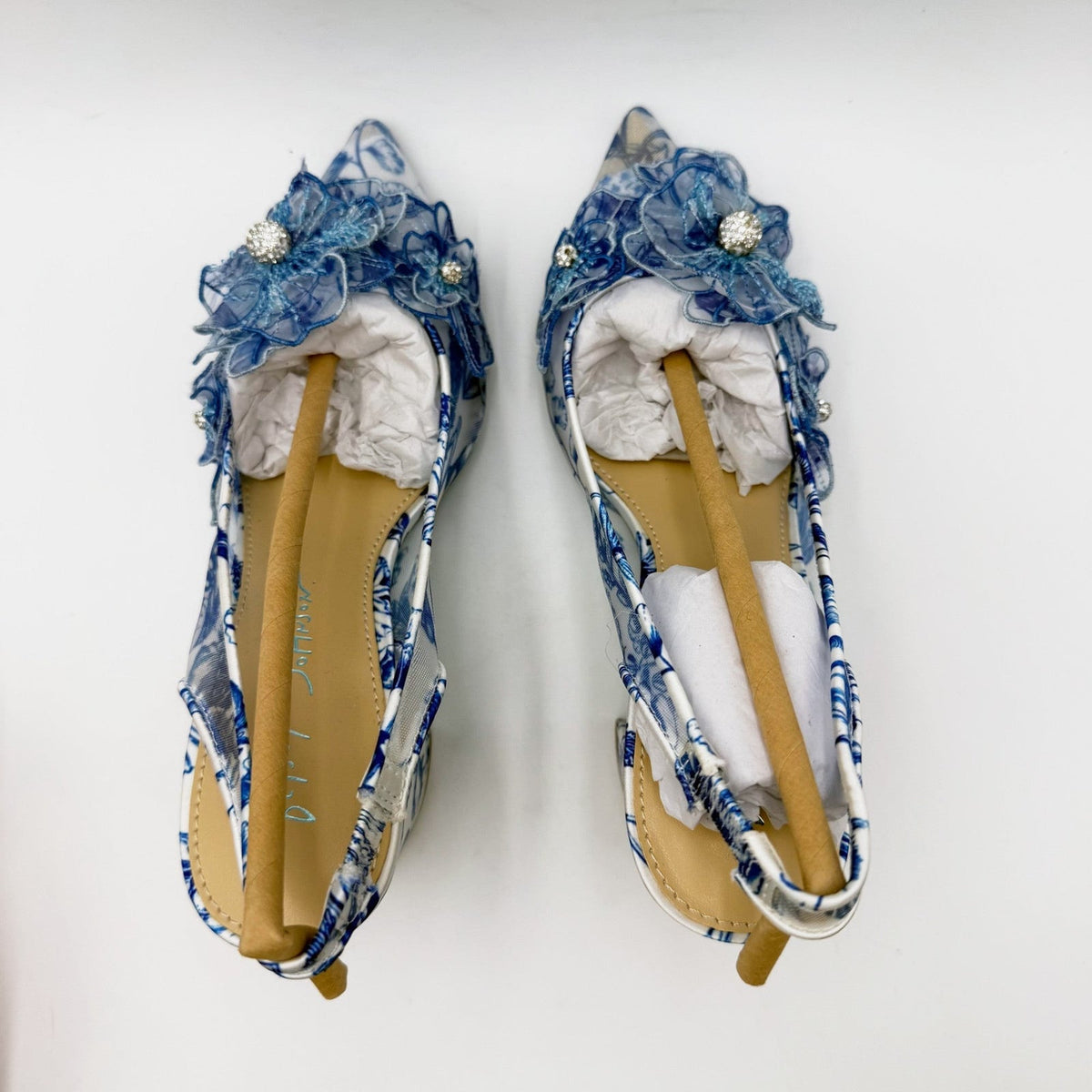 Betsey Johnson Womens Petra Slingback Heels Size 5 White Blue Floral Chiffon NIB