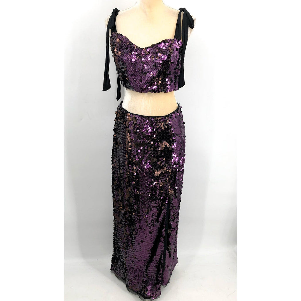 FREE PEOPLE Star Bright Sequin Set Size 10 Purple Maxi Skirt Crop Top NWT