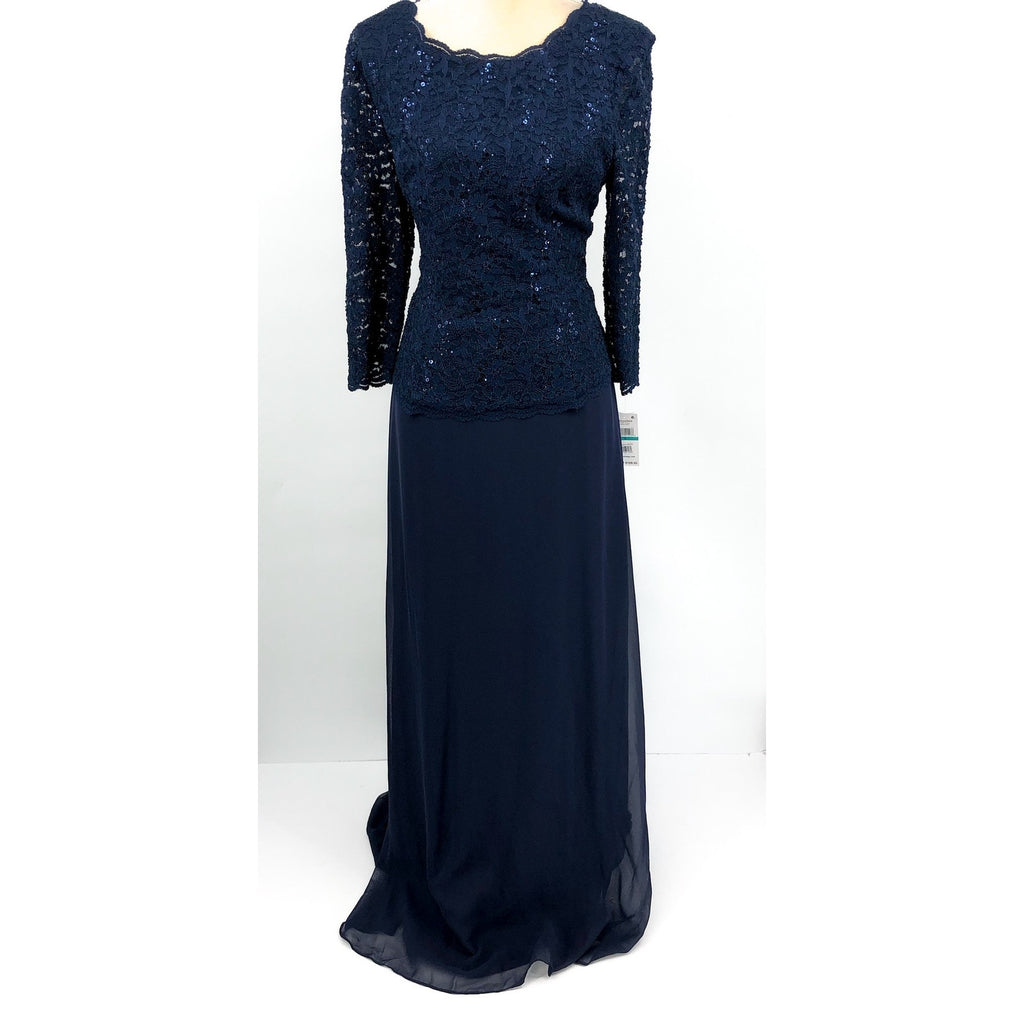 ALEX EVENINGS Sequin Lace Mock Dress Size 16 Navy Chiffon Skirt Sleeves NWT