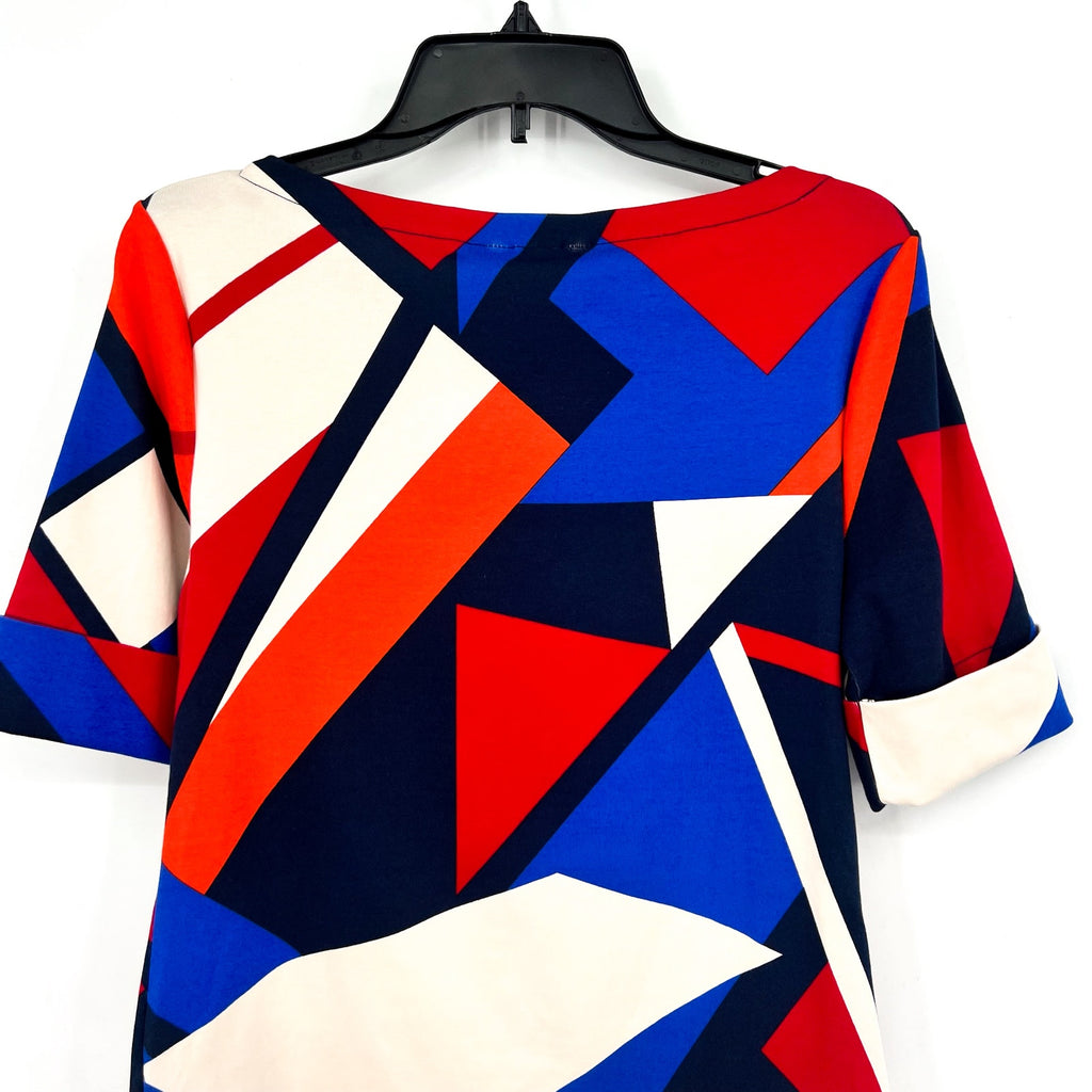 LAUREN RALPH LAUREN Judy Top Large Blue Red Geometric Mid-Sleeve NWT