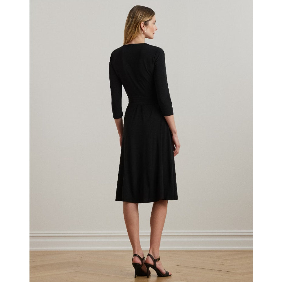 LAUREN RALPH LAUREN Surplice Jersey Dress Size 6 Black 3/4 Sleeves Belted NWT