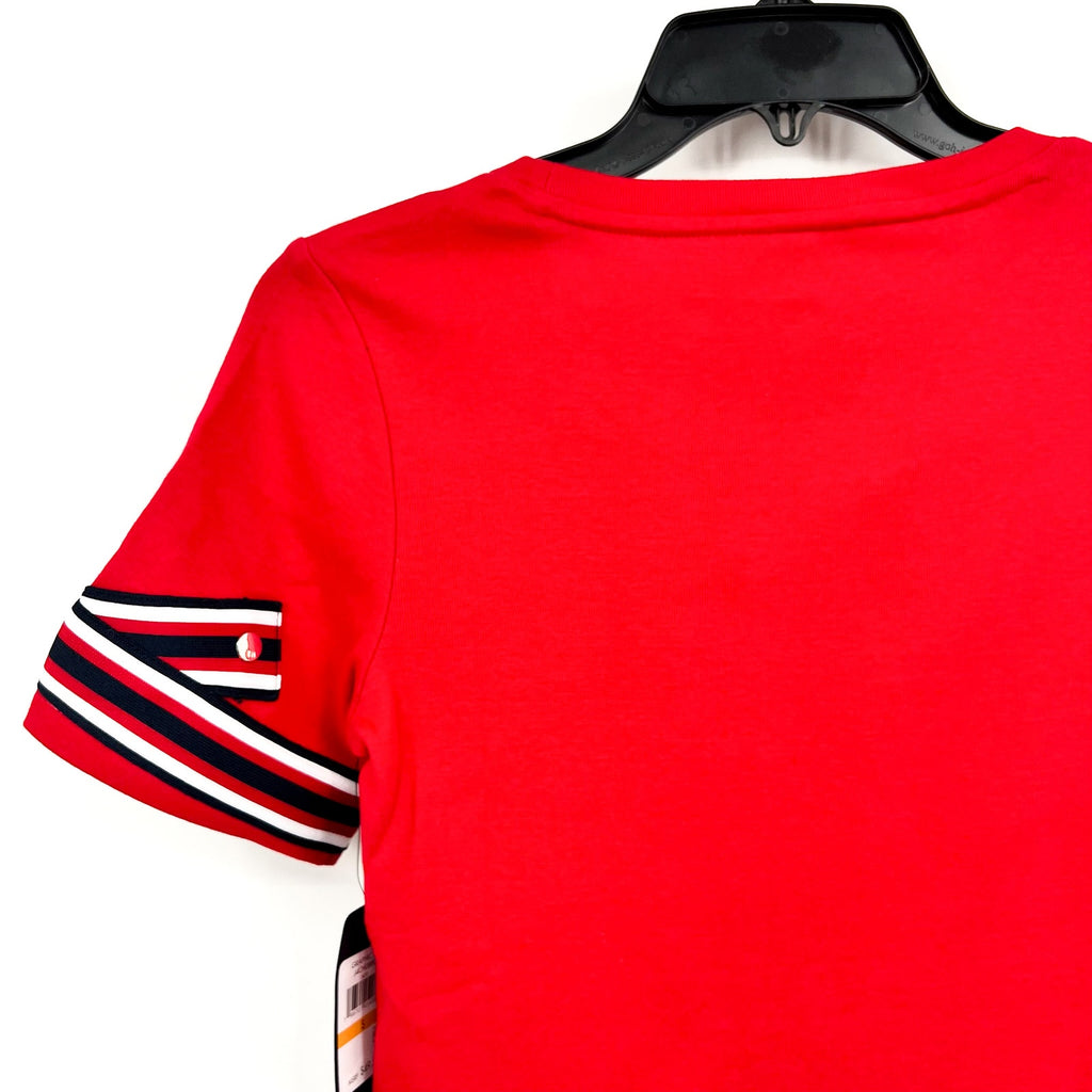 Tommy Hilfiger Womens Ribbon Cuff Logo T-Shirt Small Red Crewneck Cotton NWT