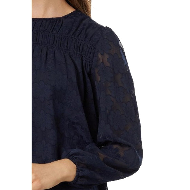 TOMMY HILFIGER Women's Popover Floral Blouse Medium Navy Blue Long Sleeve NWT