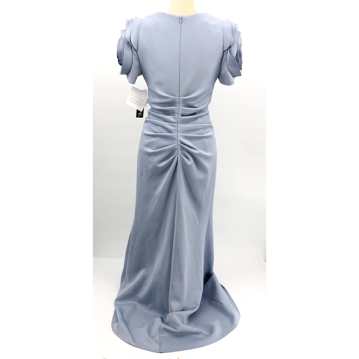 XSCAPE Rosette Ruched Sheath Gown Size 12 Sky Blue Short Sleeve Floral 4721X NWT