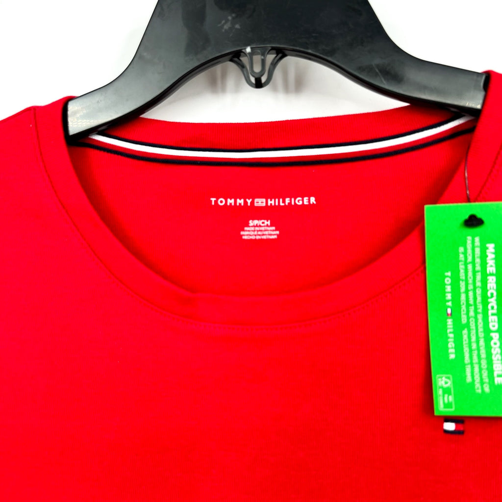 Tommy Hilfiger Womens Ribbon Cuff Logo T-Shirt Small Red Crewneck Cotton NWT