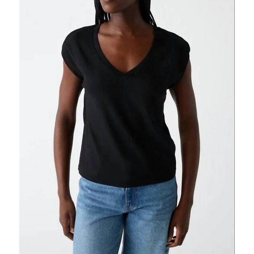 MICHAEL STARS Women's Tati V-Neck Power Shoulder Top Medium Black NWT