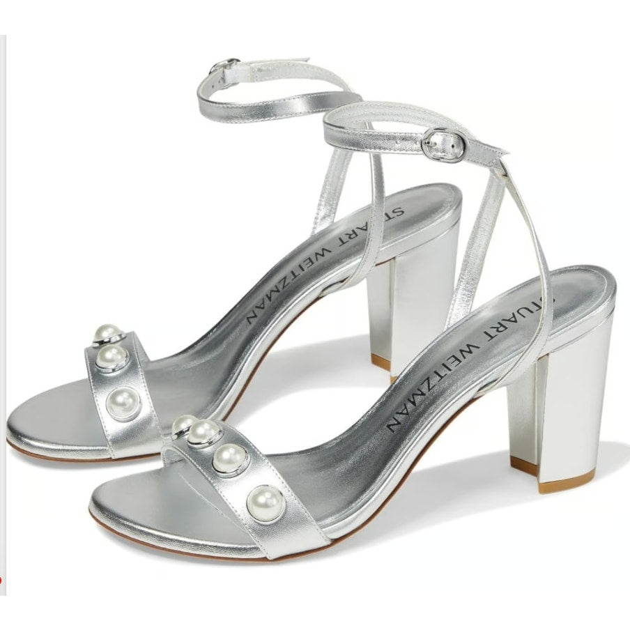 Stuart Weitzman Women Nearlybare Portia Heeled Sandal US 9 B Silver Leather NWOB
