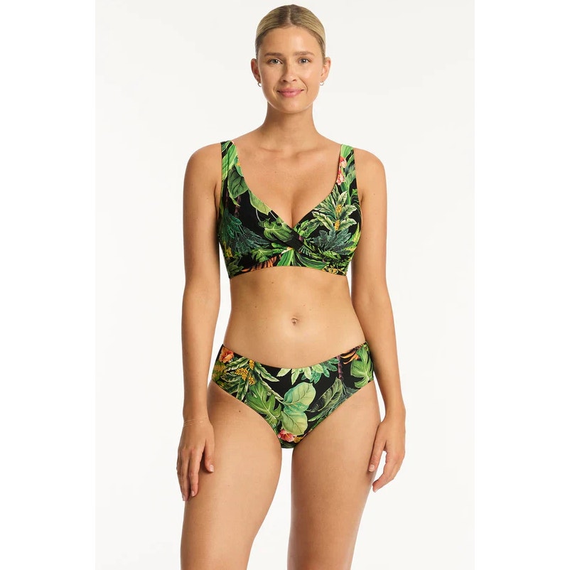 SEA LEVEL SWIM Women's Lotus Mid Rise Bikini Bottom Size 8 Black Green Print NWT
