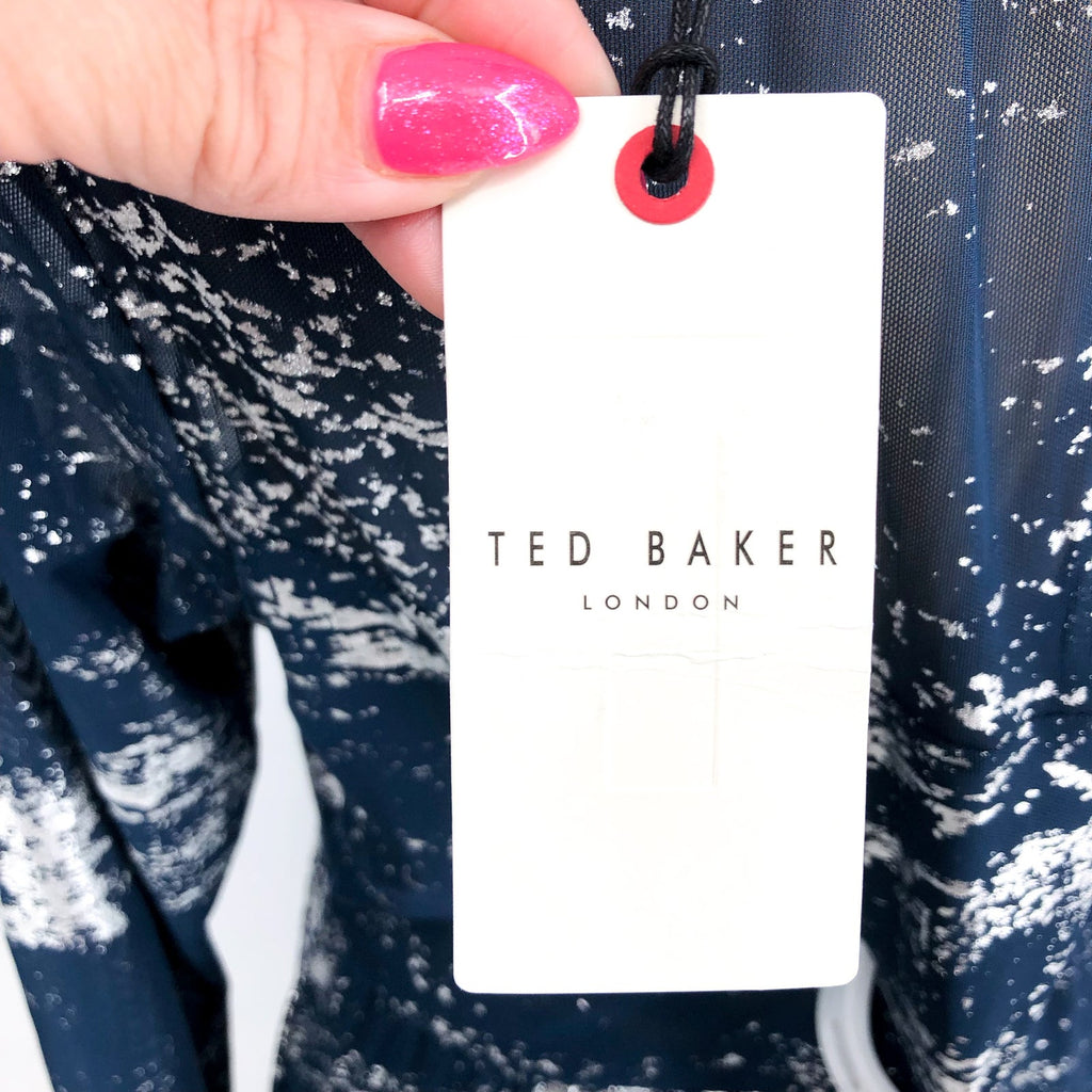 TED BAKER Iggiey Metallic Burnout Midi Dress Large US 12 Navy Blue NWT