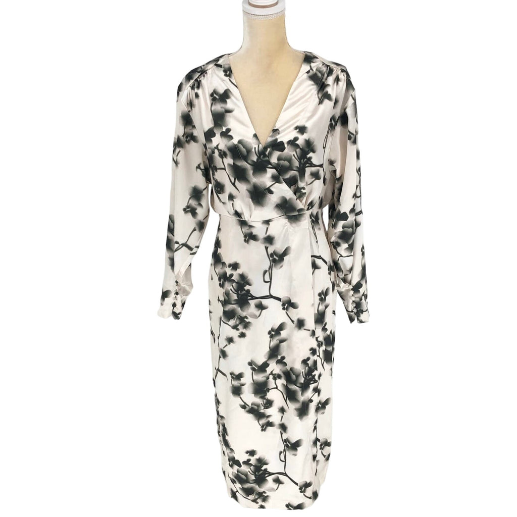 Rotate Womens Floral Wrap Midi Dress 8 Ivory Green V Neck Long Sleeve Cocktail