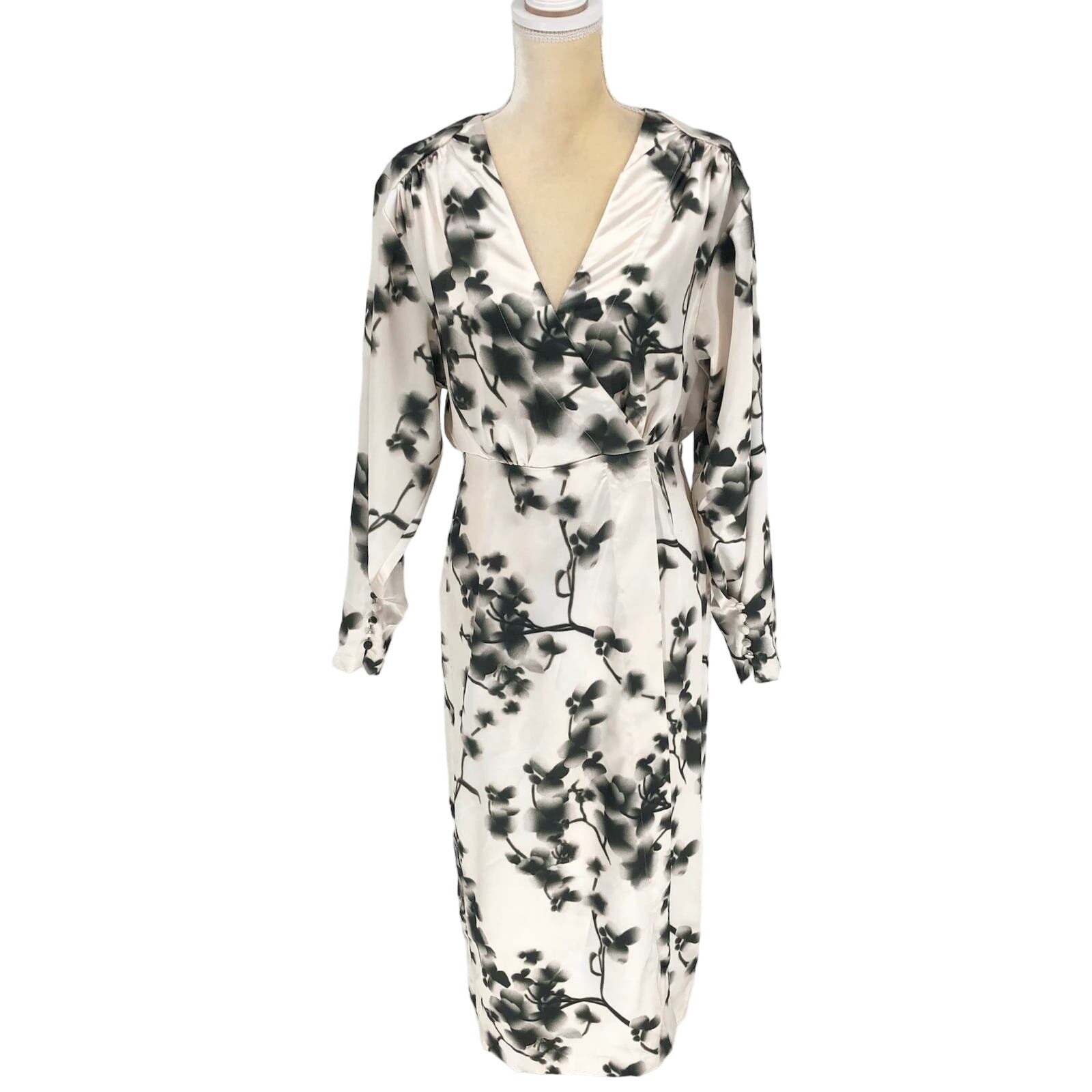 Rotate Womens Floral Wrap Midi Dress 8 Ivory Green V Neck Long Sleeve Cocktail