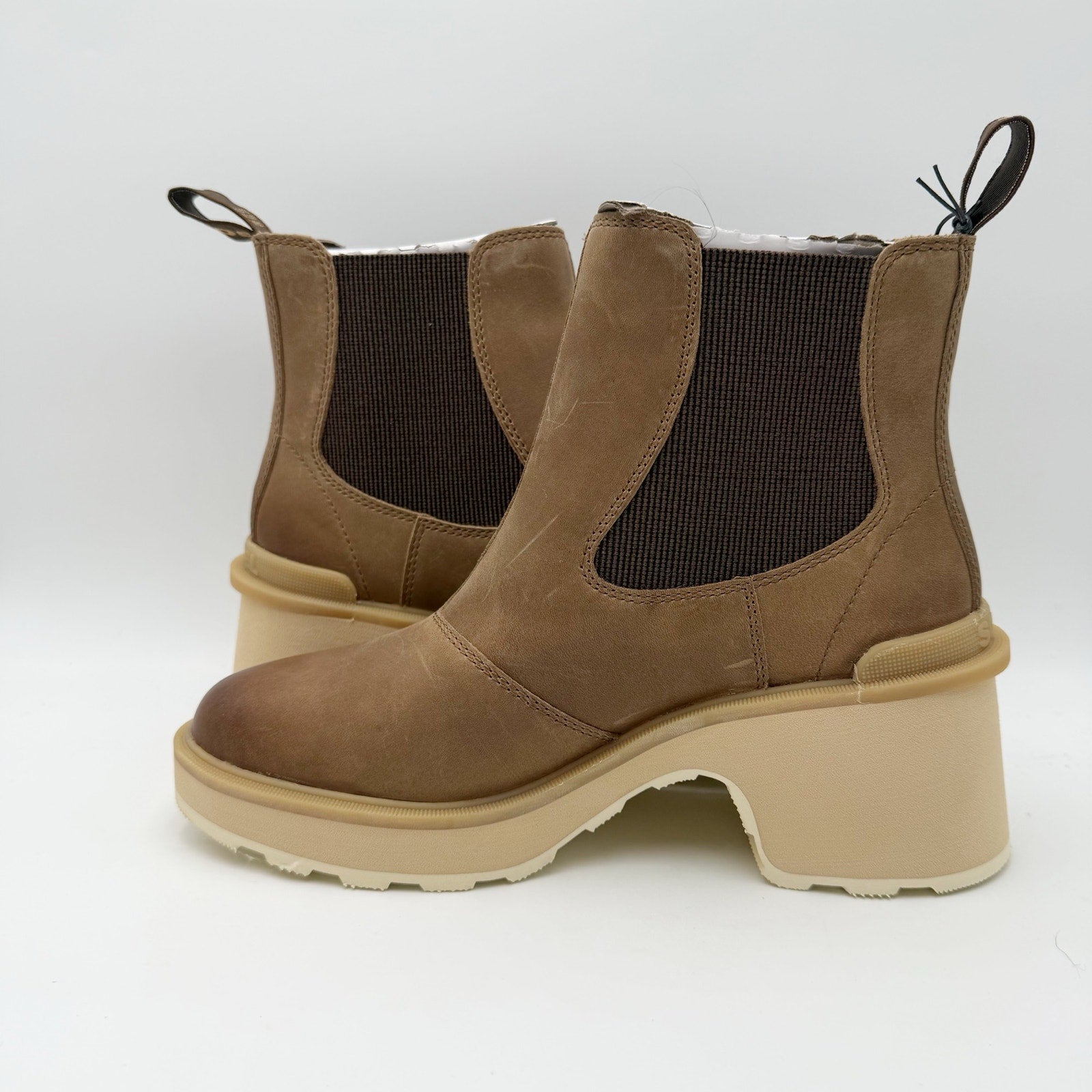 Sorel Womens Hi-Line Heel Chelsea Boot US 8 Taupe Tan Leather Waterproof NIB