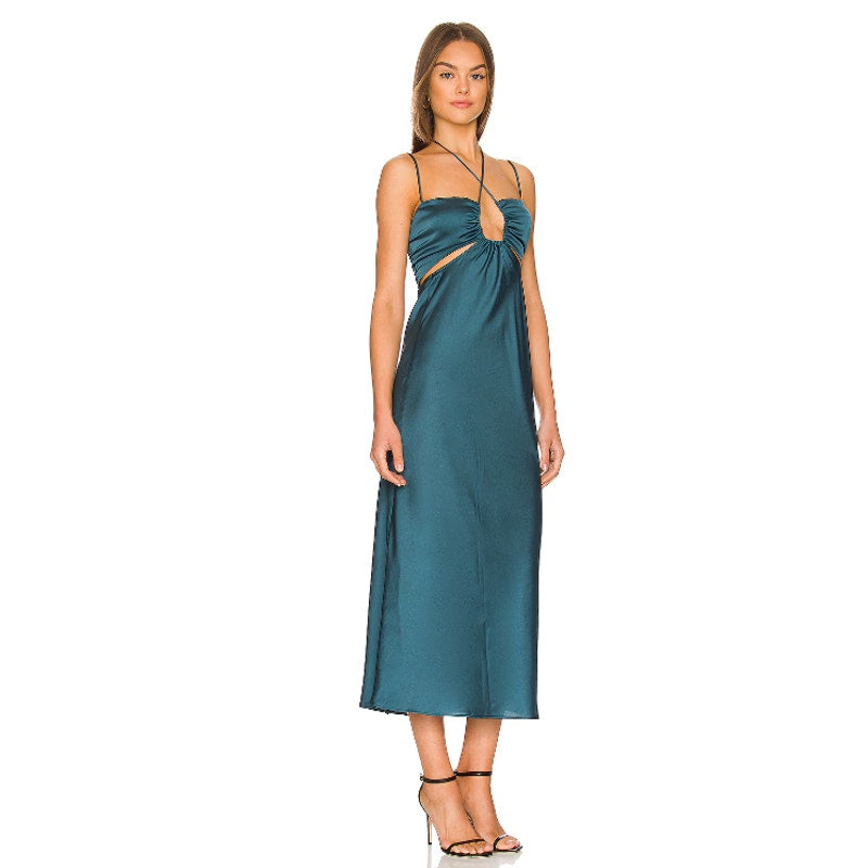 SHOW ME YOUR MUMU Women Codie Cut Out Dress Large Jade Luxe Satin Sleeveless NWT