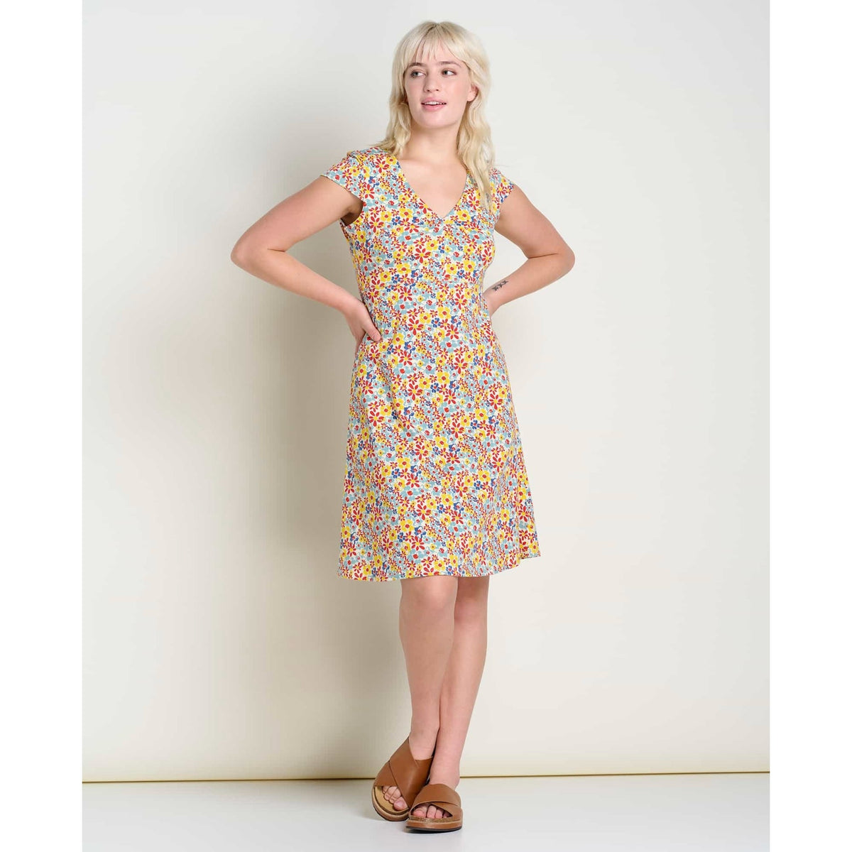 TOAD & CO Womens Rosemarie Dress XS Yellow Red Barley Floral Short Sleeve NWT