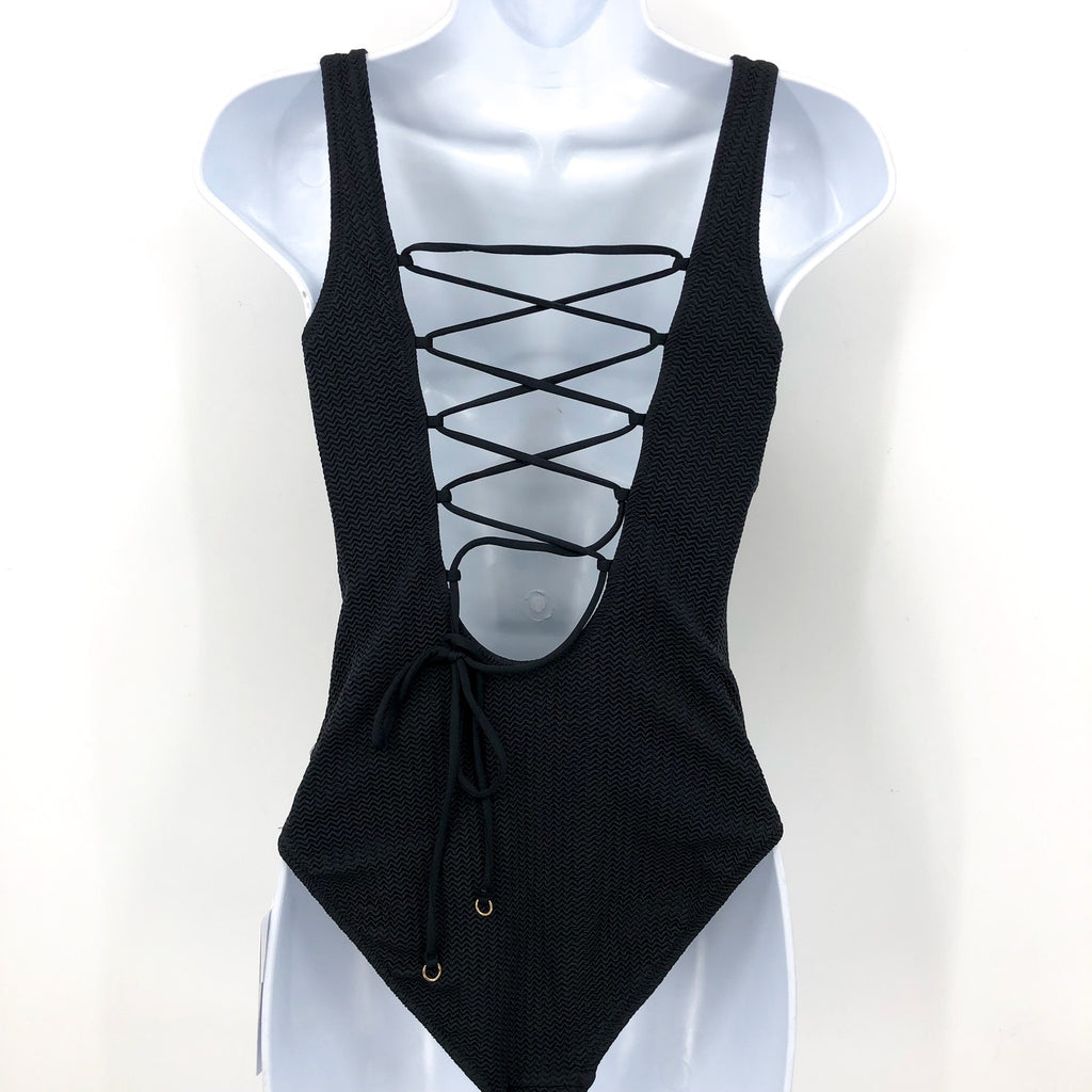 SEAFOLLY Sea Dive High Neck One Piece Swimsuit Size 12 Black Lace Back NWT