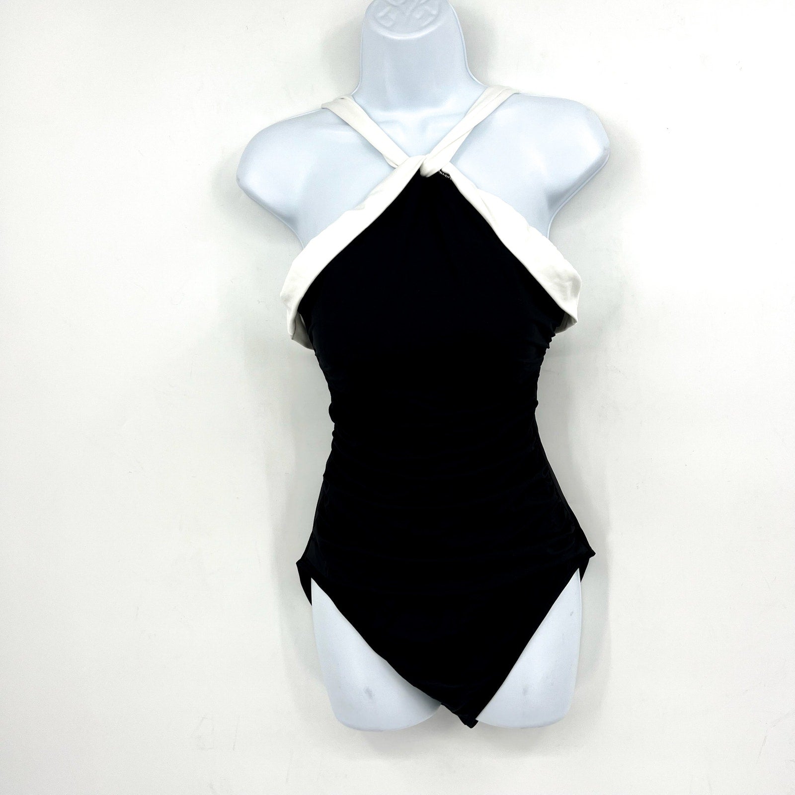 LAUREN RALPH LAUREN Bel Air One Piece Swimsuit Size 12 Black Cross High Neck NWT
