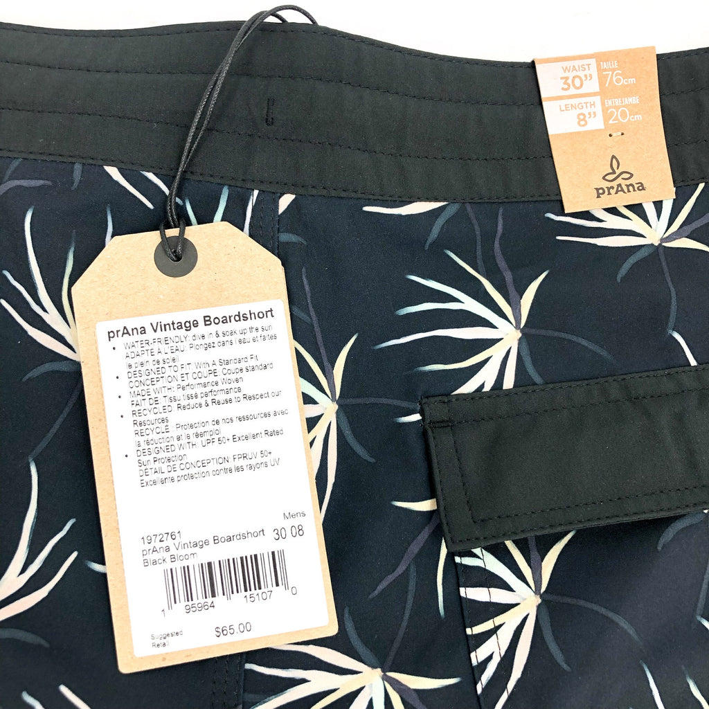 PRANA Men's Vintage Boardshorts Small 30 Black Bloom 8" Inseam Drawstring NWT